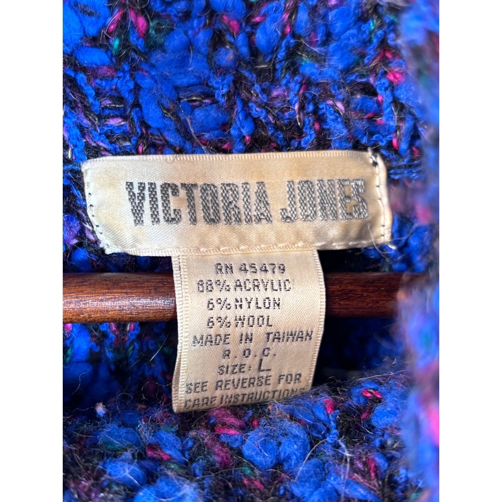 Vintage 80s Bright Blue Multi-Color Cowl Neck Pullover Sweater L Unique Dopamine - Picture 2 of 8